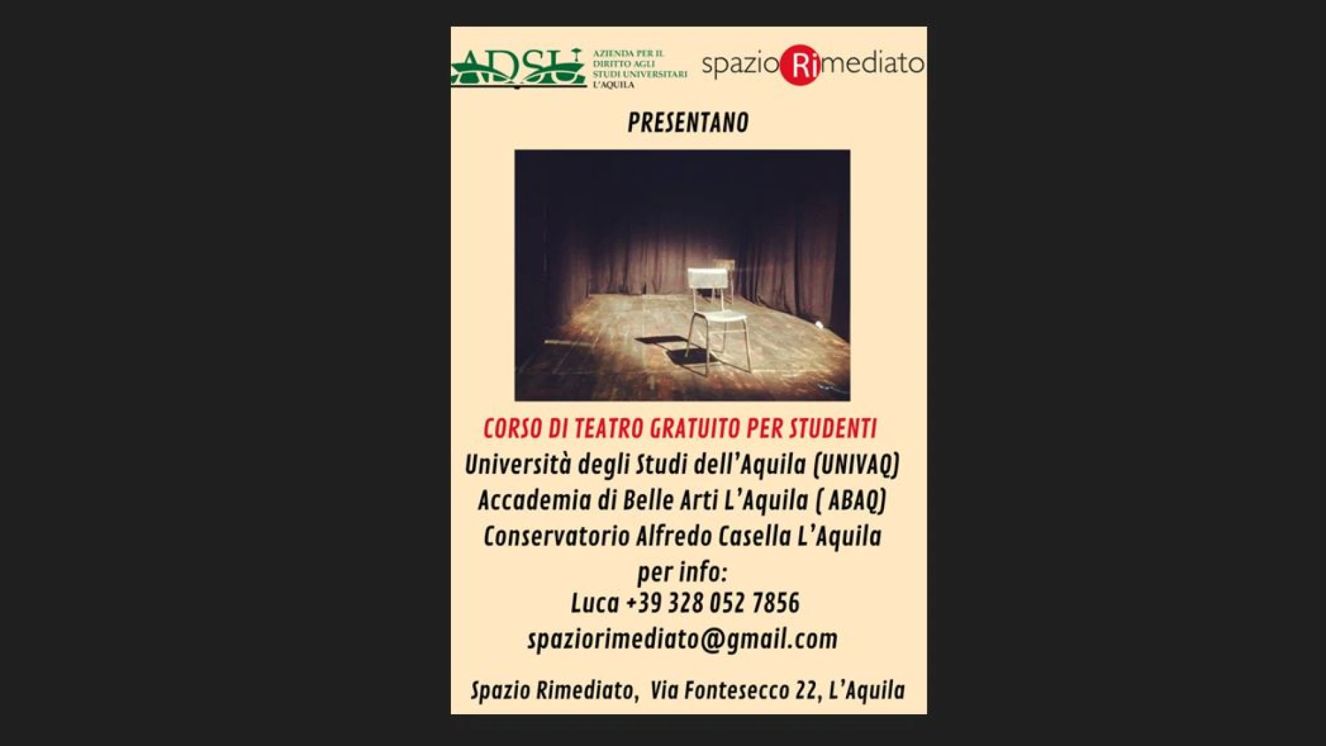Adsu L’Aquila: al via il laboratorio teatrale gratuito per gli studenti, “Formazione, socialità e servizi per benessere comunità”.